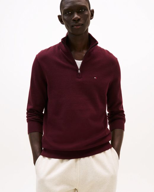 Tommy Hilfiger Red Essential Cotton 1/4 Zip Mock Sweatshirt for men