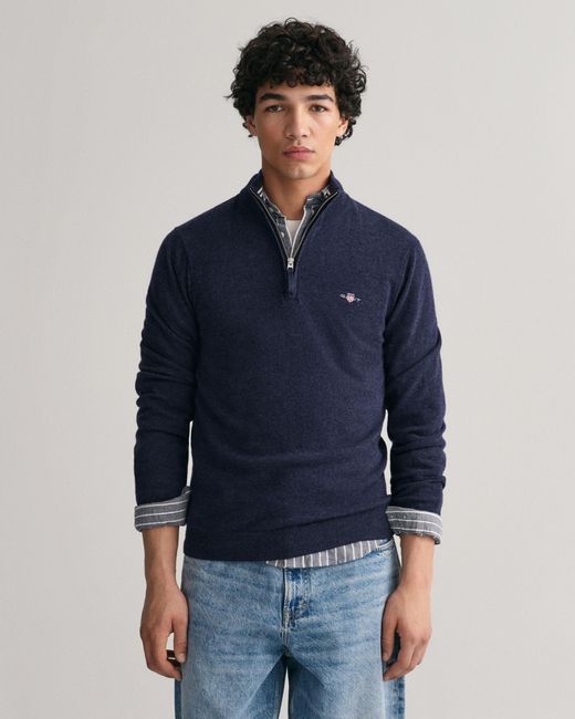 Gant Blue Superfine Lambswool Half Zip Cardigan for men