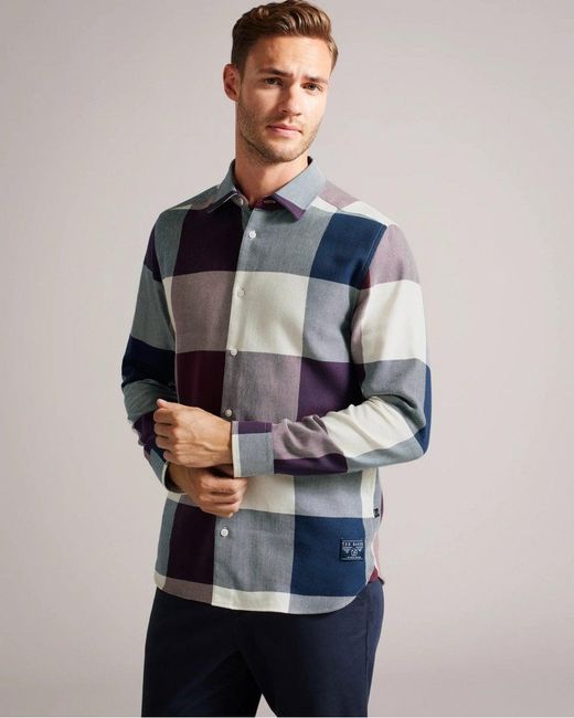 Ted Baker Blue Neetly Long Sleeve Large Scale Check Shirt for men