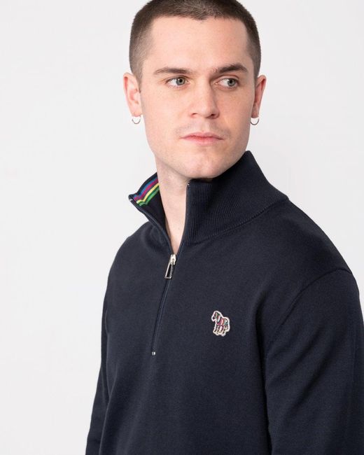 Paul Smith Blue Ps Zip Neck Zebra Badge Sweater for men