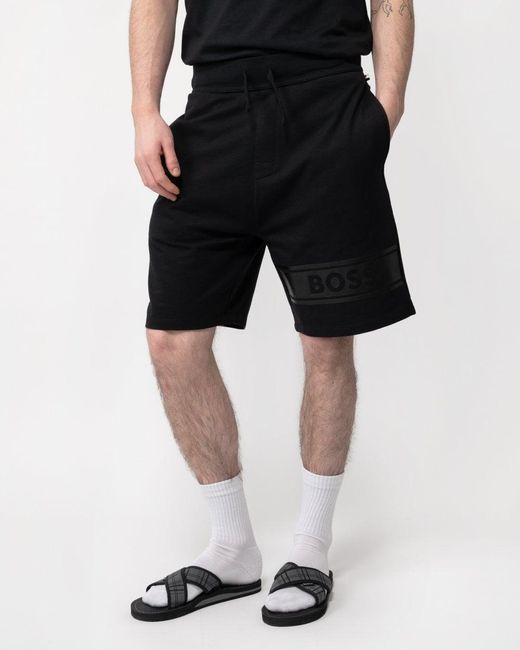 Boss Black Authentic Cotton-terry Drawstring Lounge Shorts With Logo Print for men