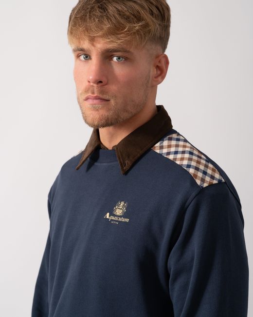 Aquascutum Blue Club Check Shoulder Crew Neck Fleece Sweatshirt for men