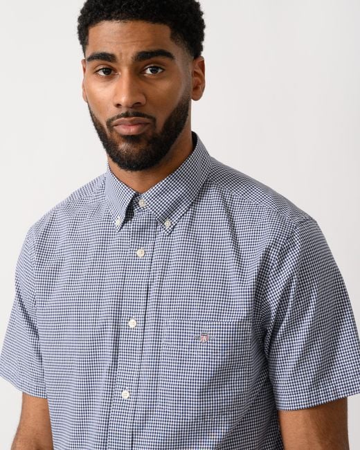 Gant Blue Regular Fit Classic Poplin Gingham Short Sleeve Shirt for men