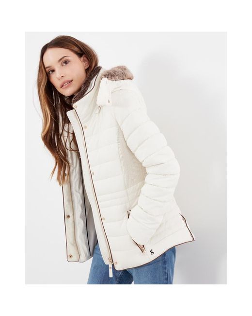 Joules White Gosway Faux Fur Trim Padded Coat