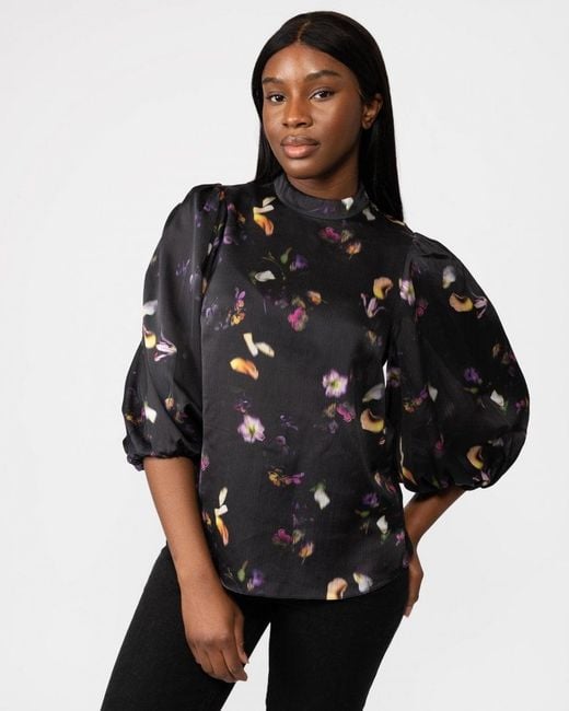 Ted Baker Black Niycole High Neck Top With Balloon Sleeves