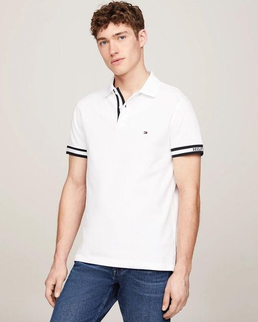 Tommy Hilfiger White Monotype Cuff Slim Polo for men
