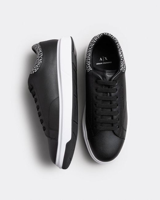 Armani Exchange Black Leather Tennis Shoes With Aop Detail for men