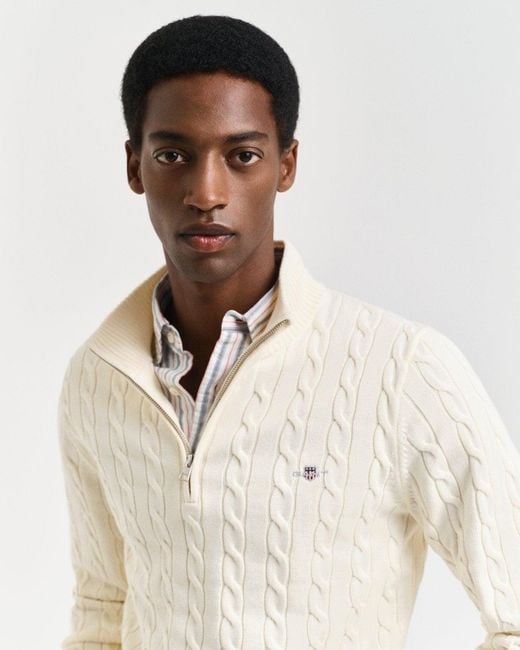 Gant White Cotton Cable Half Zip Jumper for men