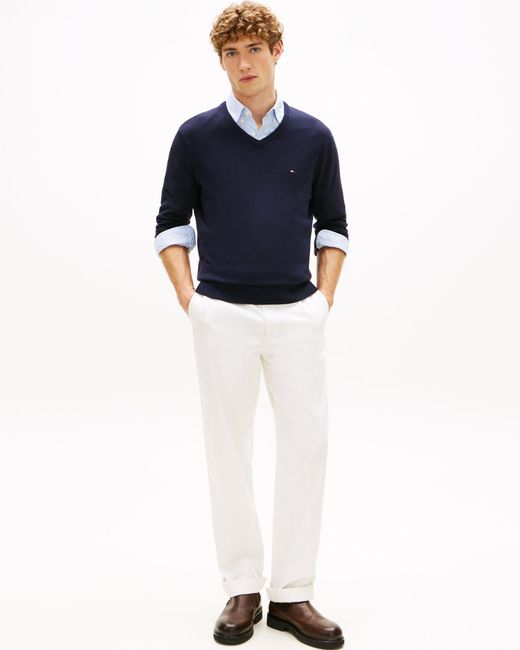 Tommy Hilfiger Blue Essential V-Neck Cotton Jumper for men