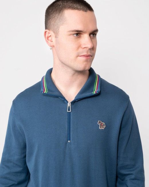 Paul Smith Blue Ps Zip Neck Zebra Badge Sweater for men