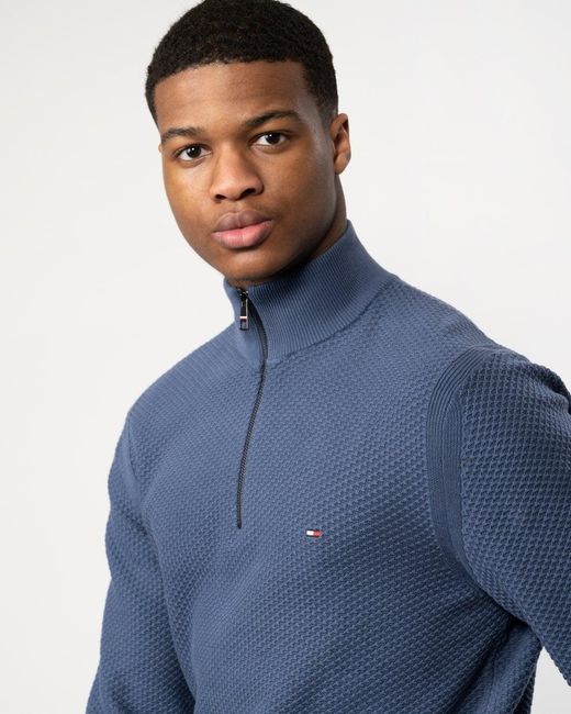 Tommy Hilfiger Blue Oval Structure Half Zip Mock Neck Jumper for men