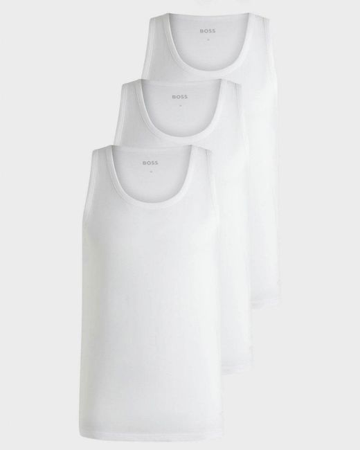 Boss White Tanktop Classic 3 Pack Cotton Underwear Vests With Embroidered Logos Nos for men