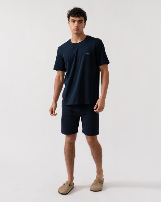 Boss Blue Waffle Cotton Blend Waffle Structure Pyjama Shorts With Embroidered Logo for men
