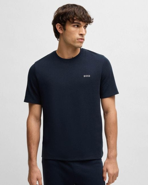 Boss Blue Waffle Cotton-Blend Pyjama T-Shirt With Embroidered Logo Nos for men