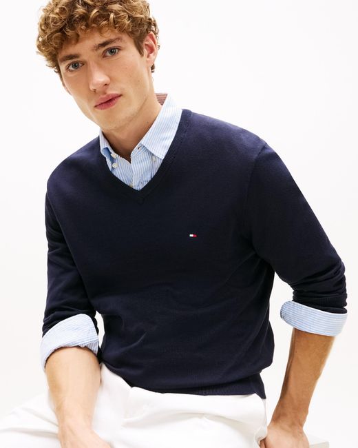 Tommy Hilfiger Blue Essential V-Neck Cotton Jumper for men