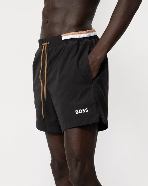 Boss Black Isle Ripstop-fabric Swim Shorts With Contrast Logo for men