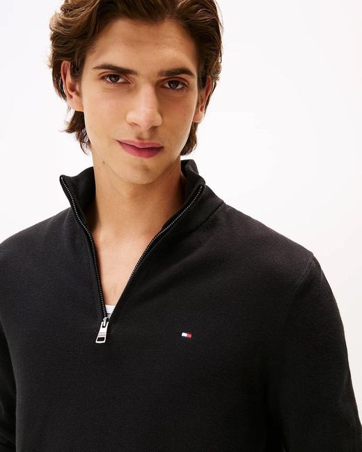 Tommy Hilfiger Black Organic Cotton Cashmere Zip-Mock Sweater for men