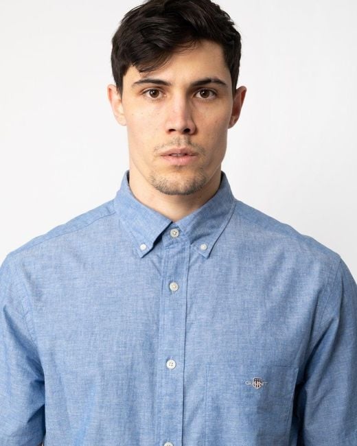 Gant Blue Regular Fit Cotton Linen Short Sleeve Shirt for men