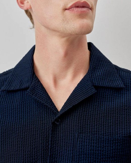 Oliver Sweeney Blue Ravenshead Cotton Seersucker Short Sleeved Shirt Size: M for men
