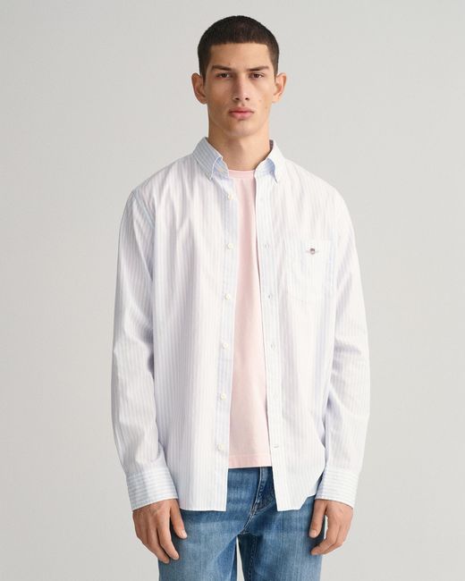 Gant White Regular Fit Long Sleeve Poplin Stripe Shirt for men