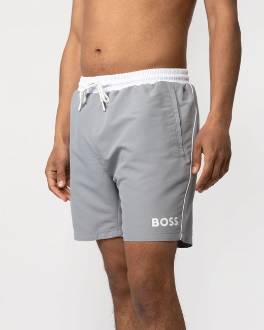 Boss Gray Starfish Quick-dry Swim Shorts With Contrast Details for men