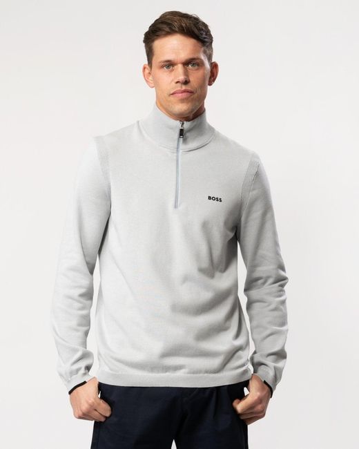 Boss Gray Ever-x Cotton Blend Zip-neck Sweater With Logo Print for men