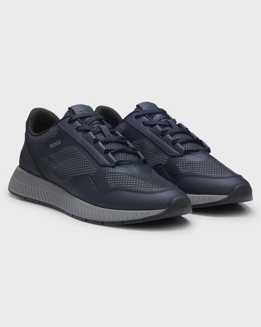 Boss Blue Reflective-Nylon Trainers With Ridged Sole for men