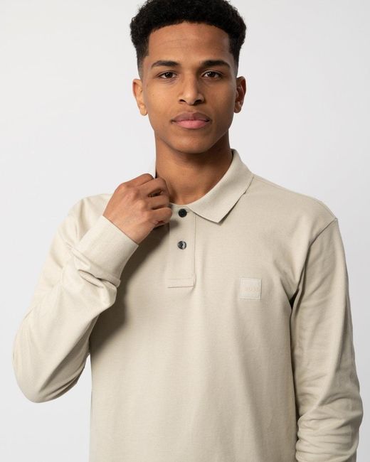 Boss White Passerby Long Sleeve Stretch-cotton Polo Shirt With Logo Patch for men