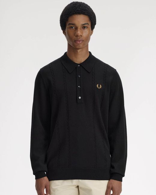 Fred Perry Black Cable Knitted Long Sleeve Polo Shirt for men