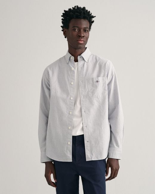 Gant White Regular Fit Long Sleeve Oxford Banker Stripe Shirt for men
