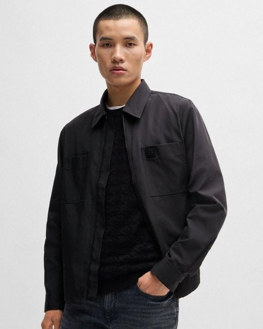 HUGO Black Evalom Oversized-Fit Zip Up Shirt Jacket With Metal Logo 001, Size: M for men