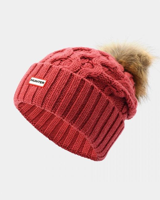 Hunter Red Unisex Cable Knit Beanie With Pom