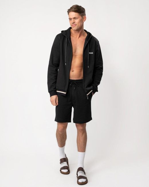 Boss Black Heritage Zip-up Loungewear Hoodie With Stripes And Logos for men