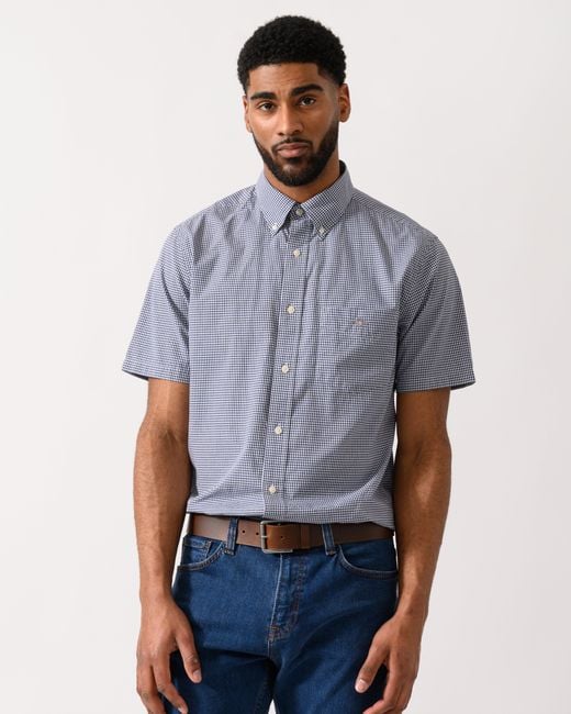 Gant Blue Regular Fit Classic Poplin Gingham Short Sleeve Shirt for men