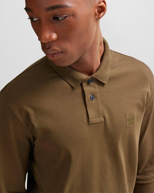 Boss Green Passerby Long Sleeve Stretch-cotton Polo Shirt With Logo Patch for men