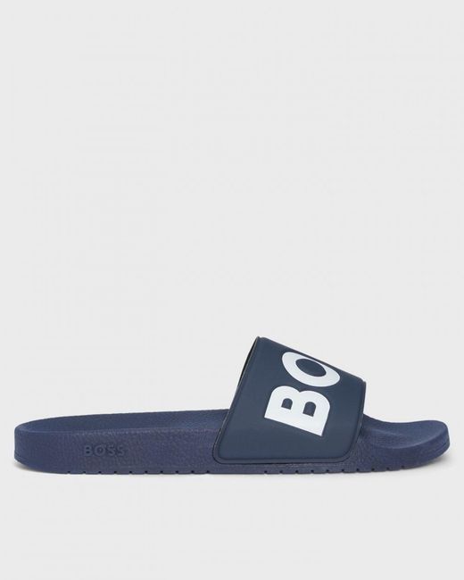 Boss Blue Aryeh Italian-Made Slides With Large Logo Detail for men