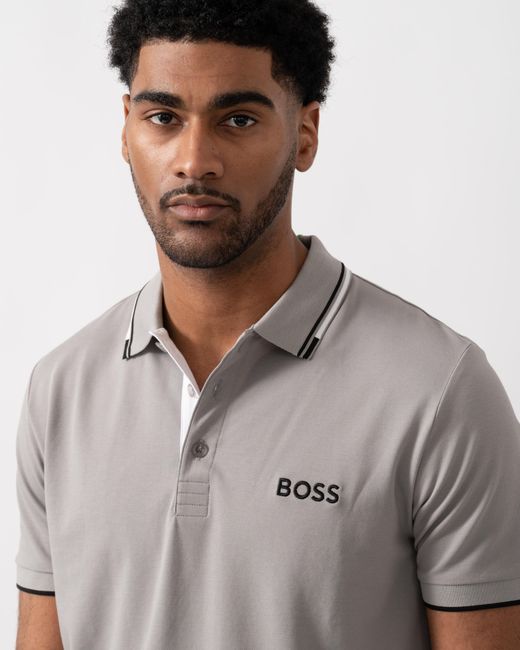 Boss Gray Paddy Pro Cotton Blend Polo Shirt With Contrast Logos for men