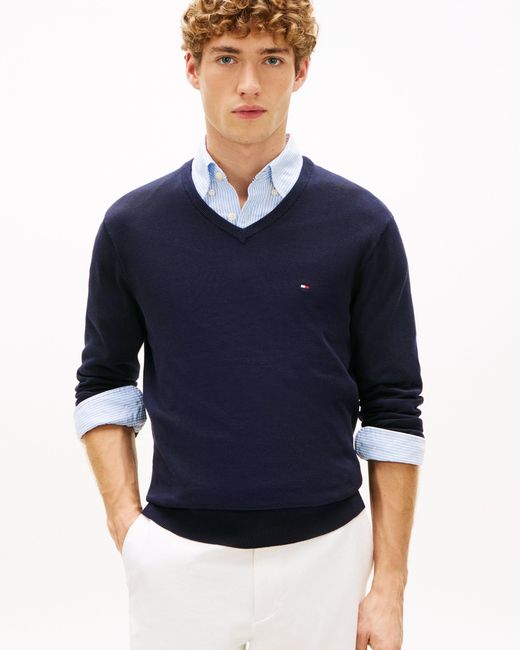 Tommy Hilfiger Blue Essential V-Neck Cotton Jumper for men