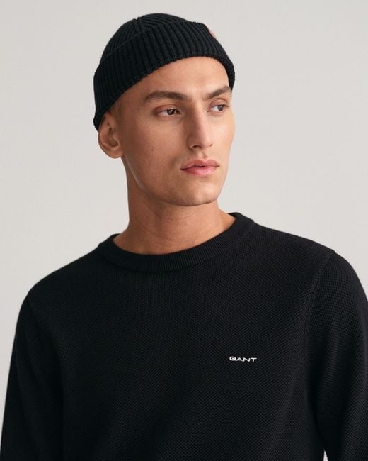 Gant Black Cotton Pique Crew Neck Jumper for men
