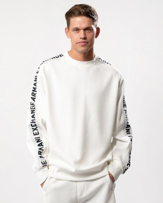 Armani Exchange White Logo Tape Crew Neck Sweatshirt for men