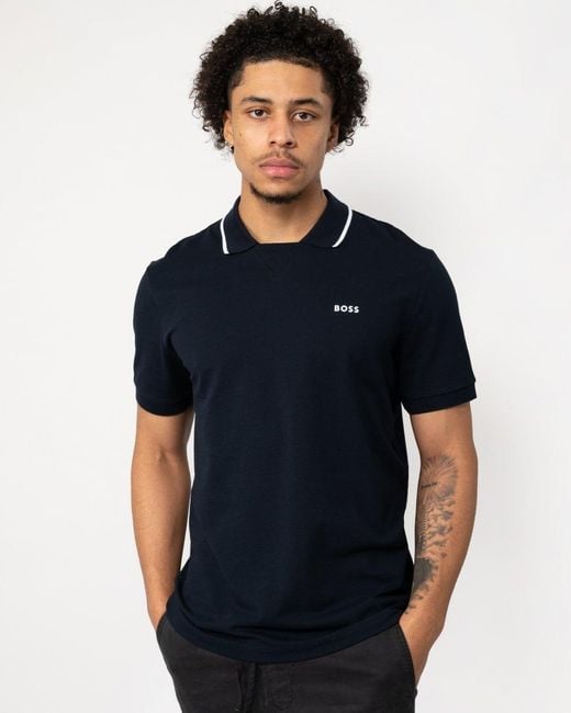 Boss Blue Palle Short Sleeve Polo Shirt With Contrast Tipped Collar for men