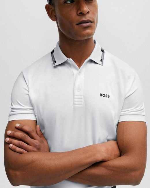 BOSS Paule Slim fit Polo Shirt With Collar Graphics in White for