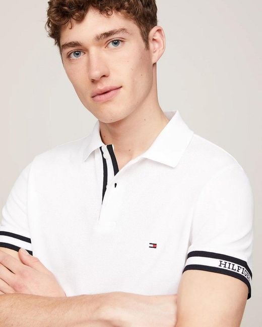 Tommy Hilfiger White Monotype Cuff Slim Polo for men