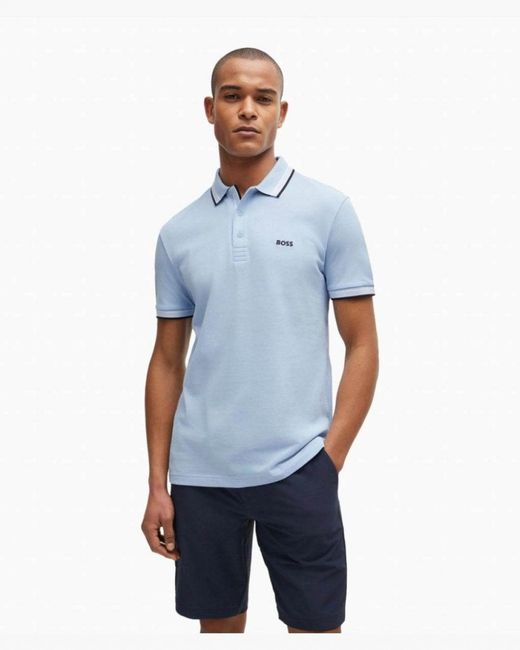 Boss Blue Paddy Cotton-Piqué Polo Shirt With Contrast Logo for men