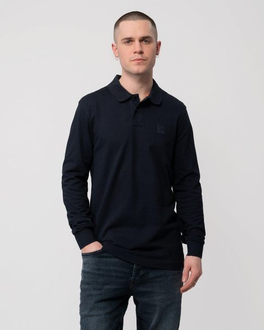 Boss Blue Passerby Long Sleeve Stretch-Cotton Polo Shirt With Logo Patch Nos Size: M for men