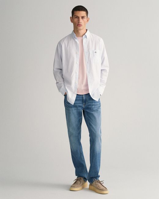 Gant White Regular Fit Long Sleeve Poplin Stripe Shirt for men