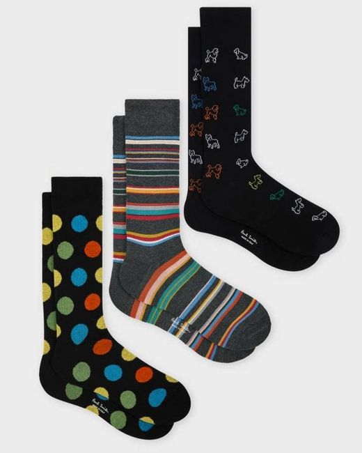 Paul Smith Black 3-Pack Spot/Stripe/Dog Pattern Socks for men