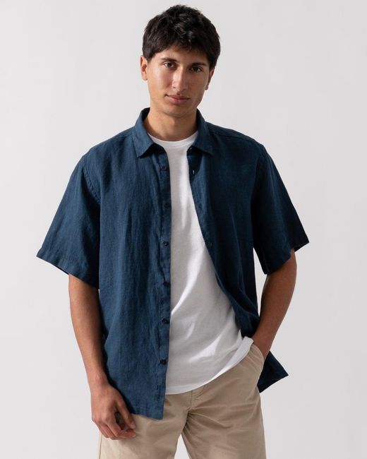 Oliver Sweeney Blue Somerton Short Sleeve Linen Shirt for men