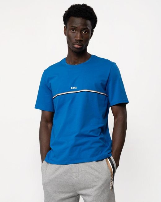 Boss Blue Unique Stretch-cotton Pyjama T-shirt With Logo Print for men