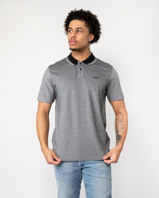 Boss Gray Oxford New Contrast Collar Short Sleeve Polo Shirt for men